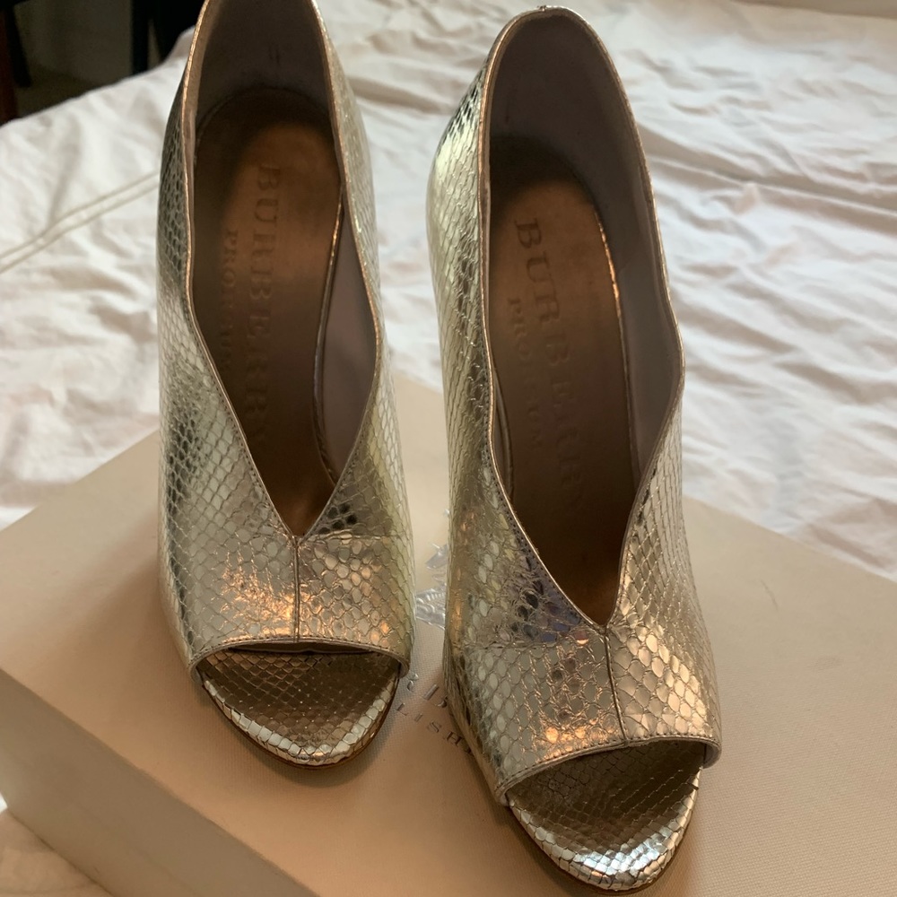 Burberry Metallic Snakeskin Peep-Toe Heels